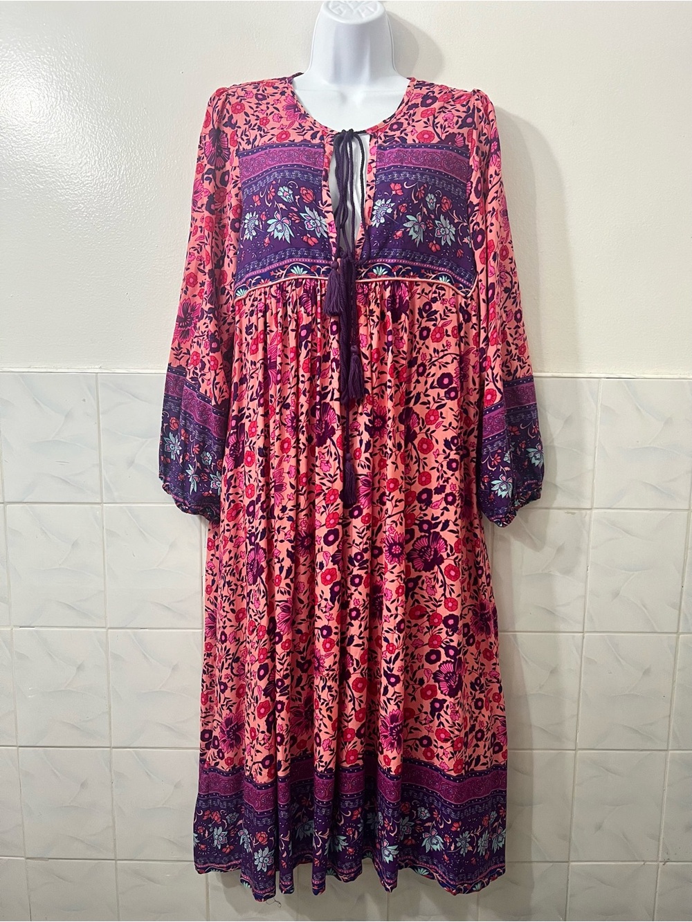 R. Vivimos M Boho Midi Dress Purple Pink Floral Long Sleeve Cottage Whimsigoth